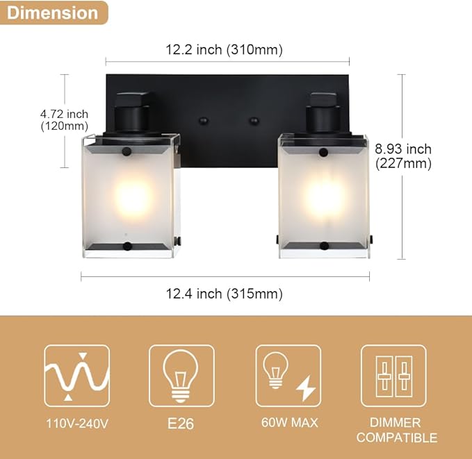 WINSHEN Black Wall Sconce Lighting, 2-Light Bathroom Vanity Light Fixture Wall Mount Lamp Over Mirror for Bedroom Bedside Studty Living Room, Rectangular Frosted Glass Shade