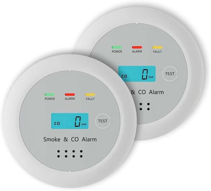 2 in1 Smoke Detector Carbon Monoxide Detector Combo,with LCD Digital Display and Sound Warning Test Button，Battery Powered，Easy Installation, for Home, Bedroom, Kitchen(2PACKS)