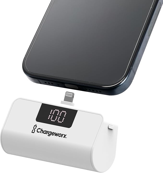 CHARGEWORX Mini Portable Charger Power Bank with Built-in Lightning Output, 5,000 mAh Power Bank with Fast-Charge Dual Output, Pass-Through Charging, LCD Display, Compact Design, White