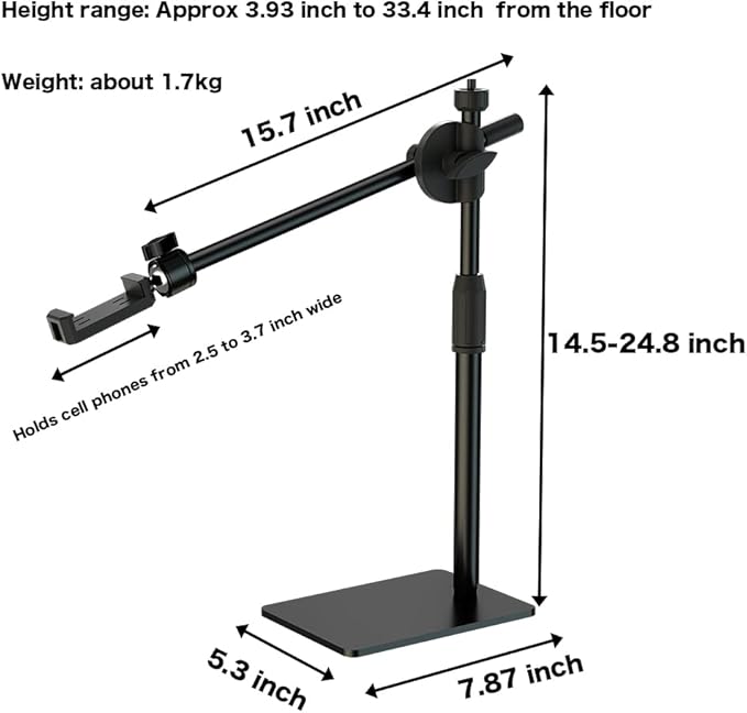 HVAYING Overhead Phone and Camera Mount Stand for YouTube Live Video Cooking Makeup and Crafts - Compatible with iPhone Logitech Webcam
