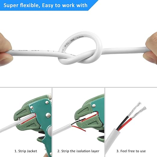 20 Gauge 2 Conductor Electrical Wire, 100FT White Stranded Low Voltage 20/2 PVC Case, 20 AWG Tinned Copper 2 Wire Extension Power for Strips LED Lamp Lighting