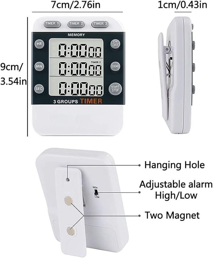 MOSTRUST Digital Dual Kitchen Timer for Cooking, 3 Channels Count Down/up Triple Multi Timers for Food, Magnetic Memory-Preset Large-Display Adjustable Alarm Volume, 3A Battery Included
