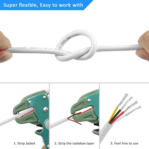 20 Gauge 4 Conductor Electrical Wire, 16.4FT White Stranded Low Voltage 20/4 Cable PVC Case, 20 AWG Tinned Copper 4 Wire Extension Power Cable for LED Lamp Lighting, Automotive