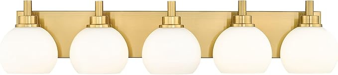 METWET Bathroom Light Fixtures, 5-Light Brushed Gold Bathroom Vanity Lights Over Mirror with Globe Milk White Glass Shade, 32 Inch Modern Vanity Lighting Fixtures, VL195-BG-ML-5