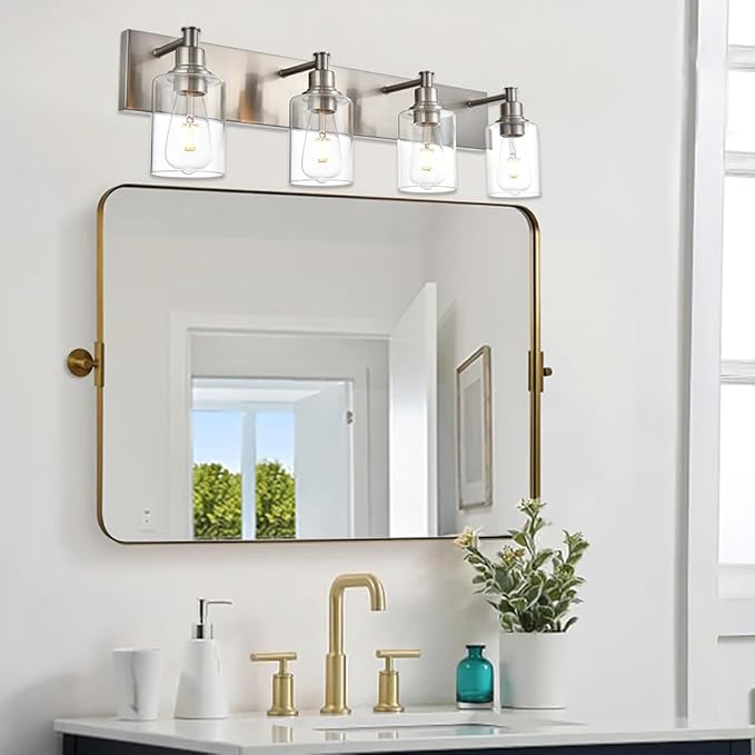 TODOLUZ Bathroom Vanity Light Fixtures, 4-Lights Modern Brushed Nickel Wall Mounted Lamp with Clear Glass Shade for Bedroom Over Mirror