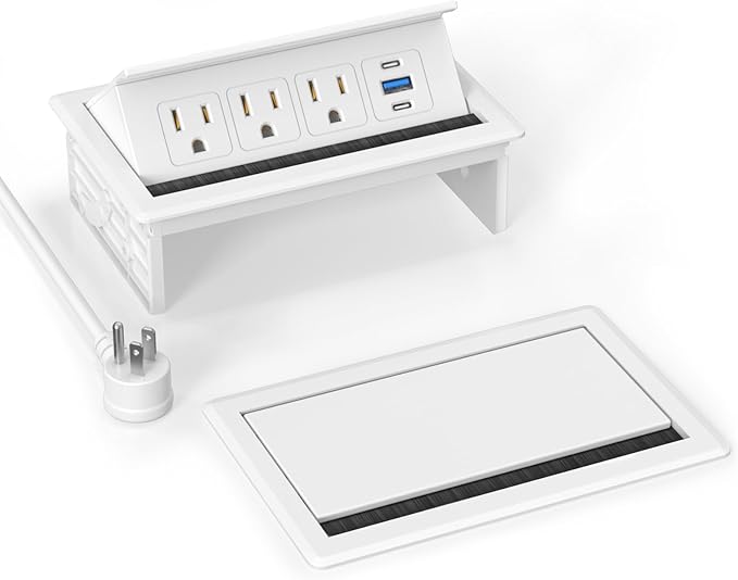 Recessed Conference Table Power Hub with 20W USB-C PD Fast Charging, Flush Mounted for Desks, Kitchens & RVs, 6FT Power Cord (White)