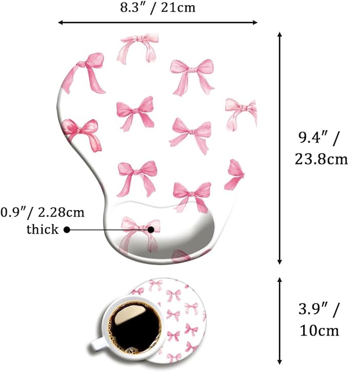 Ergonomic Mouse Pad with Wrist Support,Cute Mouse Pad with Wrist Rest and Coaster Set,Office Supplies Non-Slip Mouse Pads for Desk, Non-Slip Comfortable,Pink Bow
