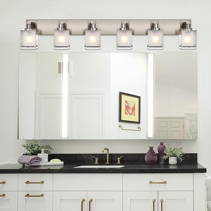WINSHEN 6-Lights Bathroom Vantiy Light Over Mirror, Modern Black Vanity Lighting Fixtures with Rectangular Frosted Glass Shades for Bath Kitchen Wall Mounted, E26 Bulb Base