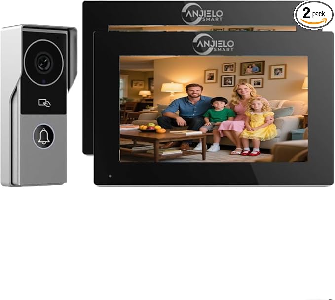 ANJIELO SMART Wired Video Intercom System, Video Doorbell Door Phone System,WiFi 1080P HD Monitor, Night Vision,Dual-Way Intercom for Villa House Office Apartment (1 Bell +2 Monitor)