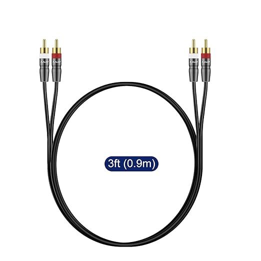 J&D RCA Cable, 2 RCA Male to Male Stereo Audio Cable, Gold-Plated Copper Shell, Heavy Duty, Compatible with Speaker, Amplifier, Subwoofer, 3 Feet