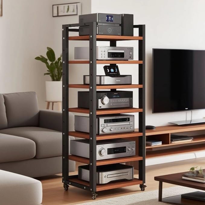 Dernoing 7 Tier Audio Rack Tower, CD Record Player Stereo Receiver AV Equipment Cabinet Display Rack, Weight Capacity 661 lbs, with Adjustable Wooden Shelves for Home (7 Tier Teakwood)