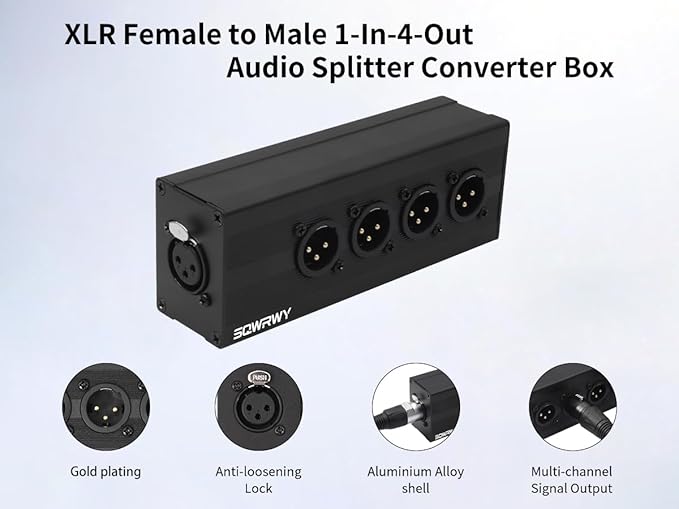 SQWRWY XLR 1 Female to 4 Male Passive Splitter | 4-Channel Galvanic Distribution for Zero-Latency Audio & DMX Adapter 4Way 1Pack