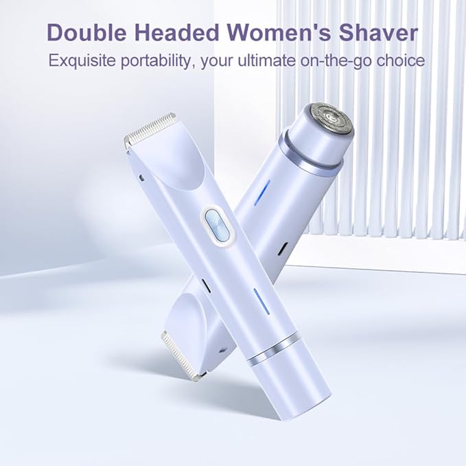 Bikini Trimmer for Women 2 in 1 Dual Head - IPX7 Waterproof Painless Electric Razors for Beauty, Pubic Hair, Face, Legs & Underarms– Portable Cordless Shaver with Fast Charging, Easy Cleaning (Blue)