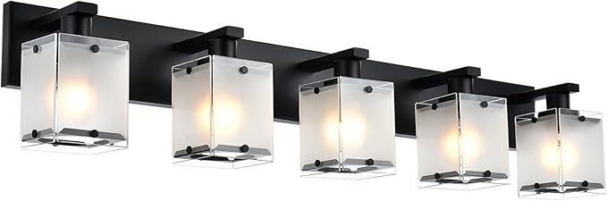 WINSHEN 5-Lights Bathroom Light Fixtures, Matte Black Modern Vanity Lights with Rectangular Frosted Glass for Over Mirror Dressing Table, E26 Bulb Base