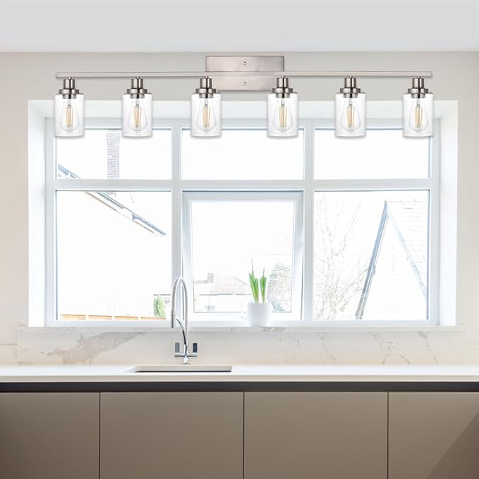 WINSHEN 6-Lights Bathroom Vanity Light Fixtures with Seeded Glass Lampshades, 45.3-Inches Length Modern Brushed Nickel Wall Light Fixture for Kitchen Bathroom Lighting