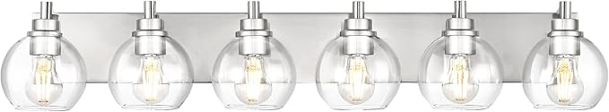 METWET Bathroom Light Fixtures, 6 Light Brushed Nickel Vanity Light, 38 Inch Modern Wall Sconces with Globe Clear Glass Shade, Vanity Lighting Fixtures Over Mirror, VL195-BN-6