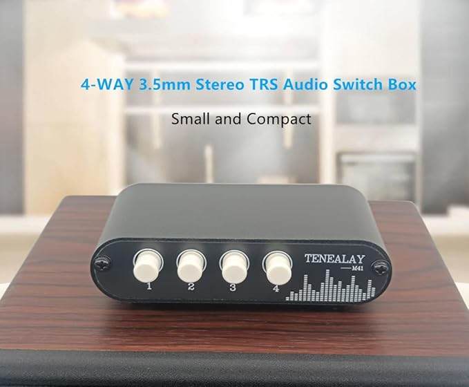 TENEALAY 4 in 1 Out / 1 in 4 Out AUX 3.5mm Stereo Audio Input Signal Source Switcher, 4-Way Switch Selector Splitter Box M41