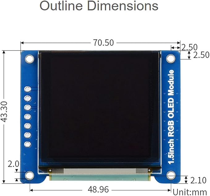 waveshare 1.5inch RGB OLED Display Module 128x128 Pixels 16-bit High Color (65K Colors) with Embedded Controller Communicating via SPI Interface.