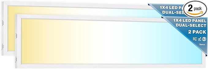 Sunco 1x4 LED Flat Panel Light Fixture 50W Selectable Brightness 3750/5000/5700LM Selectable Color Temperature 3500K/4000K/5000K 0-10V Dimming Matte White Drop Ceiling Office Lights ETL 2 Pack