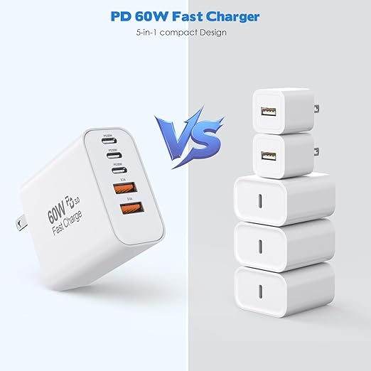 10Foot iPhone 17/16/15 Cord Fast Charging,2Pack Super Quick 60W i Phone USBC Charging Block 5-Port Phone Plug Long 10FT Type C Woven Cable for i Phone17/17 Air,iPhone 16e/16/15/15Pro,iPad Pro/Air/Mini