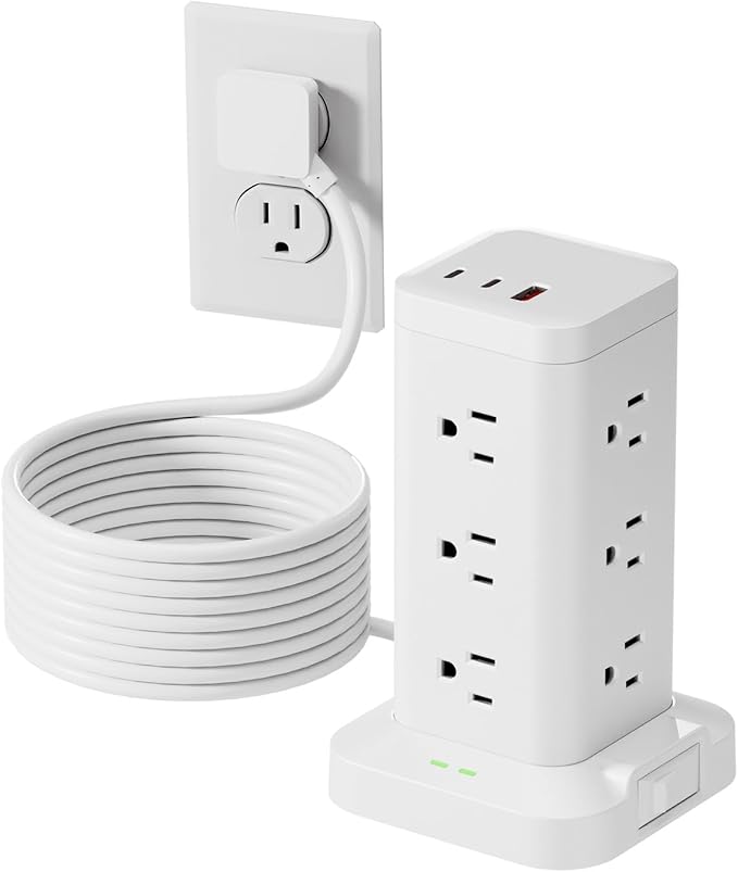 Tagzilo 15-in-1 Power Strip Tower with Surge Protector 1800J, Fast Charging Tower PD20W USB-C Ports with 12 AC Outlets, 15ft Extension Cord for Home Office Dorm Room, White
