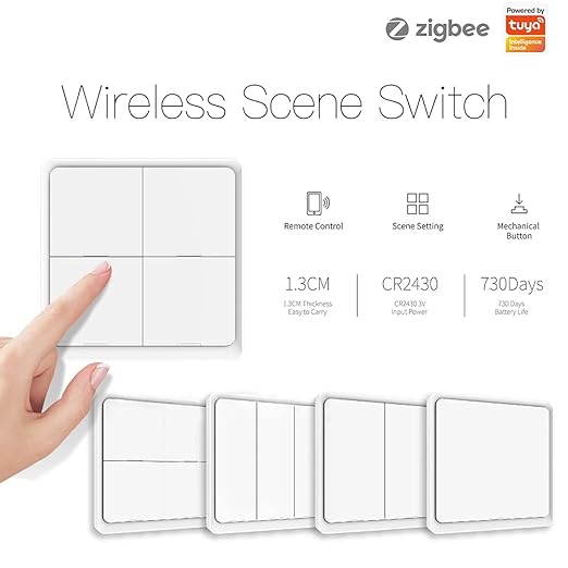 ZigBee Wireless Remote Control Smart Switch Wall Panel Transmitter,Requires MoesGo zigbee Hub,Smart Life/Tuya APP Remote Control, Wireless Button for Smart Home Devices and Scenes White