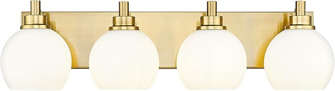 METWET Bathroom Light Fixtures, 4 Light Brushed Gold Vanity Light, 26 Inch Modern Wall Sconces with Globe Milk White Glass Shade, Vanity Lighting Fixtures Over Mirror, VL195-BG-ML-4