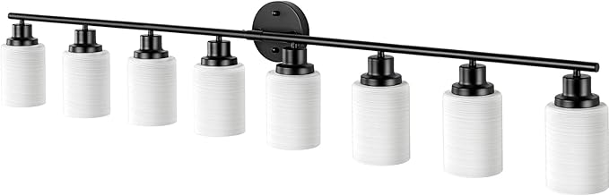 Guliaofo 8-Light Vanity Lights, Black Bathroom Light Fixture with Striped Textured Milky White Glass Shade, Modern Vanity Lighting Fixture for Bathroom Wall Light Over Mirror, E26 Wall Sconce