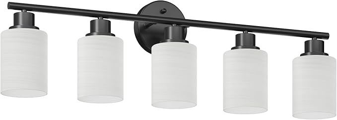Guliaofo 5-Light Bathroom Light Fixtures, E26 Base Vanity Lights for Mirror with Textured Milky White Glass Shade, Modern Kitchen Light Fixtures Wall Sconce Light - Black