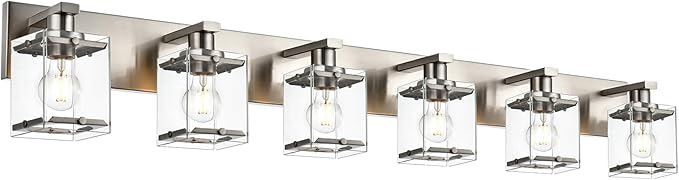 WINSHEN 6-Lights Brushed Nickel Bathroom Light Fixture Over Mirror, Modern Wall Sconce with Clear Glass Shades, E26 Bulb Base Vanity Lighting for Over Mirror Kitchen