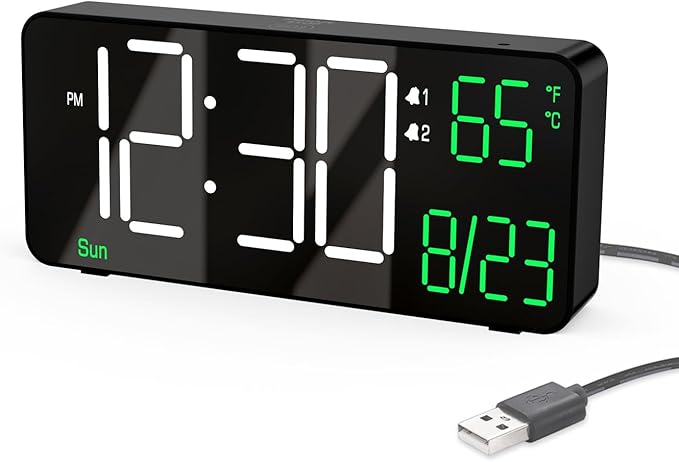 KOSUMOSU Digital Alarm Clocks for Bedrooms,6.7in Black Small Digital Clock for Bedroom, Auto Dimming,Date,Week,Seconds or Indoor Temperature,Desk Clocks for Living Room,LED Alarm Clock Calendar