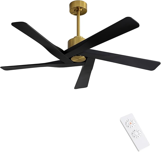 WINGBO 64" ABS DC Ceiling Fan No Light, 5 Blade ABS Plastic Ceiling Fan with Remote, 6-Speed Reversible DC Motor, Ceiling Fans without Light for Kitchen Bedroom Living Room, Brass and Matte Black