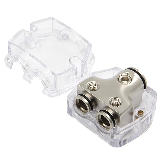 RKURCK 2 Way Power Distribution Block, 0/2/4 AWG Gauge in, 4/8/10 Gauge Out, Car Audio Stereo Amp Distribution Connecting Block for Audio Splitter (1x0GA+2x4GA)
