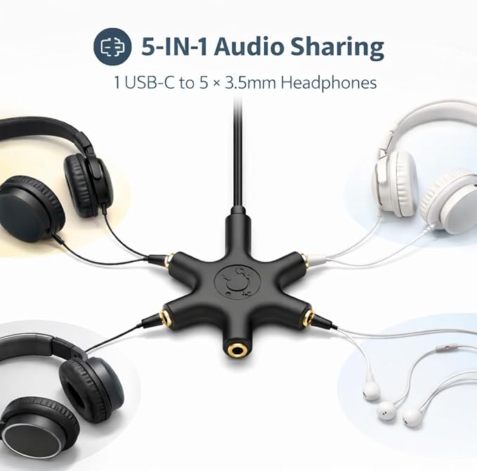 Mizi USB-C Headphone Splitter 5-Way - Type-C to 3.5mm Audio Adapter with 1 Male to 5 Female Ports, Multi-Headphone Aux Splitter for Phone, Tablet, Laptop, PC - Black