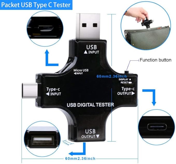 Eversame 2 in 1 Type C USB Tester Color Screen LCD Digital Multimeter, USB C Voltage Current Voltmeter Amp Volt Ammeter Detector USB Cable Charger Indicator DC3.6-30V/0-5.1A