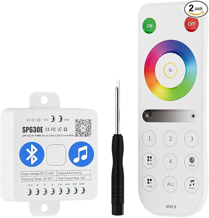 BTF-LIGHTING SP630E Bluetooth Controllers 4 Zones 2.4GHz RF RB3 Remote Kit Support FCOB COB SMD PWM or SPI RGB RGBW LED Strip WS2811 WS2812B WS2814 WS2815 SK6812 IC etc DC5V DC12V DC24V