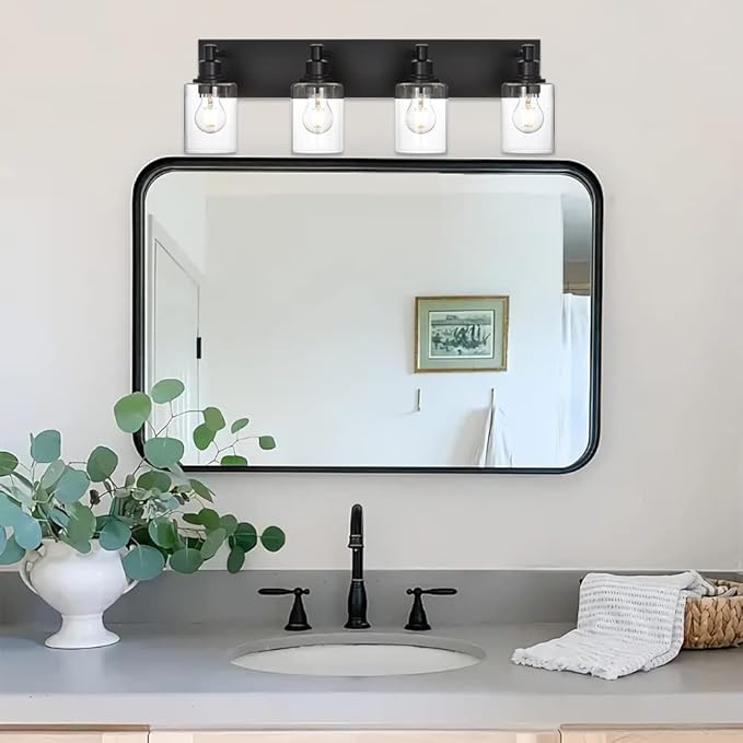 TODOLUZ 4-Lights Bathroom Vanity Light Fixtures, Black Modern Wall Lighting Over Mirror with Clear Glass Shade (E26 Bulb Base)