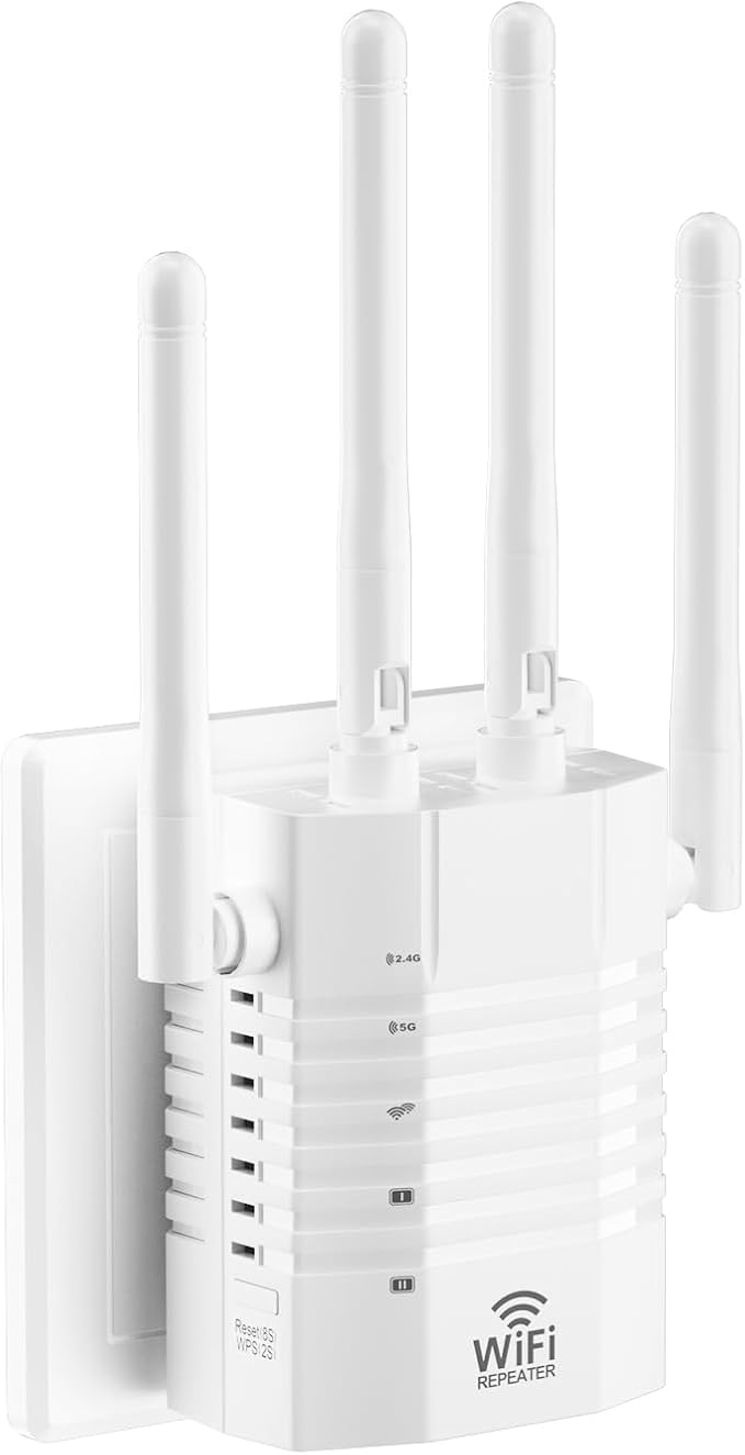 WiFi Signal Booster with 4 Directional Antennas – 1200Mbps Dual Band (5GHz/2.4GHz),WiFi Extender Covers 12,880 Sq.ft, Easy Home Setup and 105-Device Support