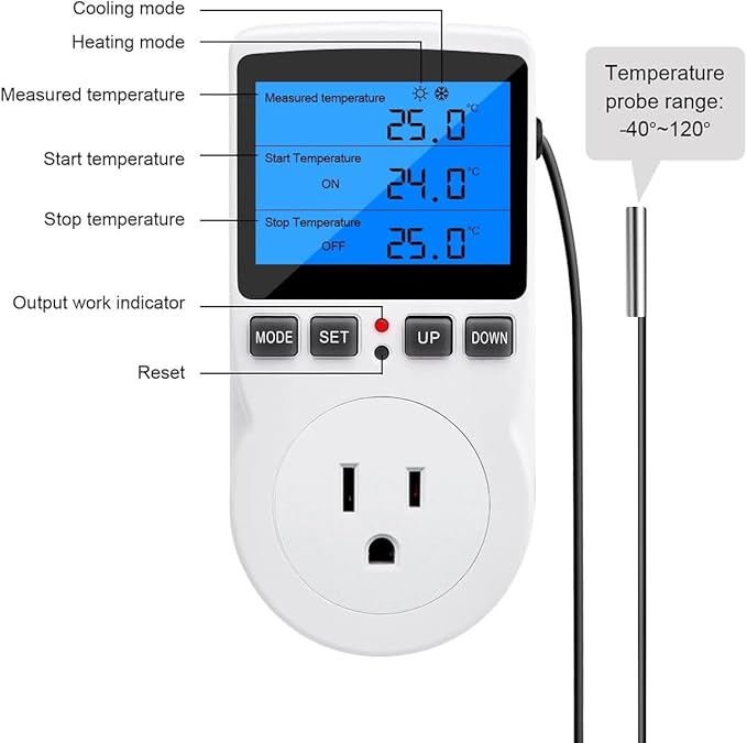 Diymore Digital Thermostat Temperature Controller Electric Digital RV Thermostat Heating Cooling Control Mode Timer 1800W 120V 15A Incubator Thermometer Reptile Thermostat Greenhouse Pool Thermometer