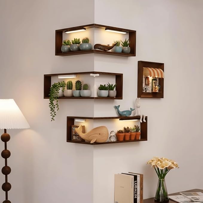 ABOUTYES Illuminated Corner Shelf with Remote, Smart Corner Shelves That Light up Your Space, Corner Shelf Display Rack for Figurines