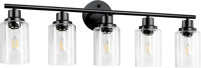 Guliaofo 5-Light Black Bathroom Vanity Lights, E26 Modern Bathroom Light Fixtures with Clear Glass Shade, Mirror Kitchen Hallway Cabinet Living Room Sconces Wall Lights