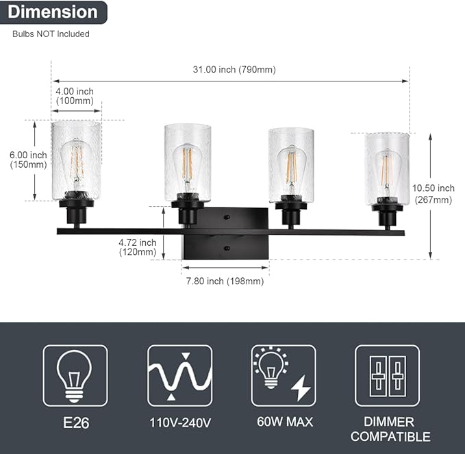 WINSHEN Black 4-Light Bathroom Light Fixtures with Seeded Glass Shade, 31-Inches Length Farmhouse Vanity Lights Over Mirror for Cabinet Kitchen Bedroom