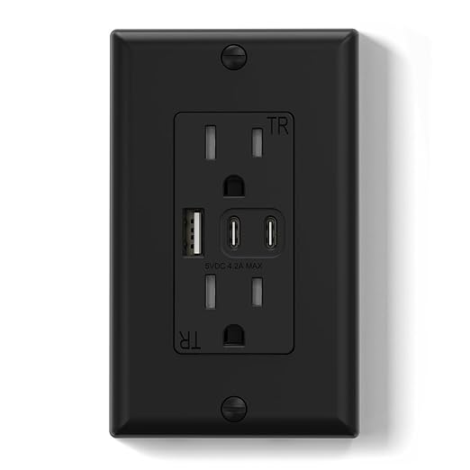 ELEGRP USB Outlets, 15 Amp Wall Outlet with 3 USB Ports, Dual USB C Ports Outlets, TR Tamper-Resistant USB Outlets Receptacles, Wall Plate Included, UL/CUL Listed, 1 Pack, Black