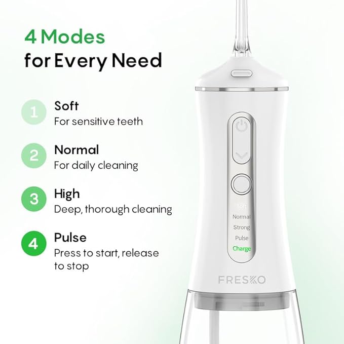 FRESKO Water Dental Flosser for Teeth, 300ML Cordless Flosser with Constant Pressure, Rechargeable Oral Irrigator Cleaner for Travel Home Use and Braces Care, IPX7 Waterproof, 5 Jet Tips
