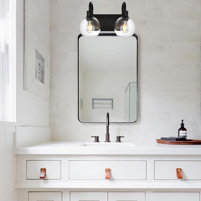 WINSHEN Bathroom Vanity Light with Globe Seeded Glass 2-Lights Industrial Black Wall Sconce Lighting for Foyer Hallway