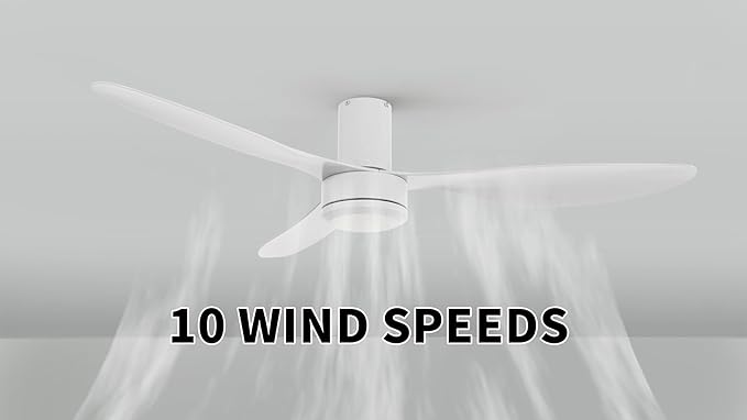 SMAAIR 52 Inch Ceiling Fan No Light with Remote, Flush Mount Modern Ceiling Fan without Lights, Quiet DC Motor, 10 Speed Adjustable, Indoor 3 Blade Ceiling Fan for Indoor Bedroom Living Room, White