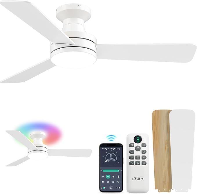 Homlit 42 inch RGB Ceiling Fan with Light, Smart App & Remote Control Low Profile Flush Mount, Music Sync Lighting, 6-Speed Quiet Reversible DC Motor, 4CCT Dimmable for Home Office Party,White