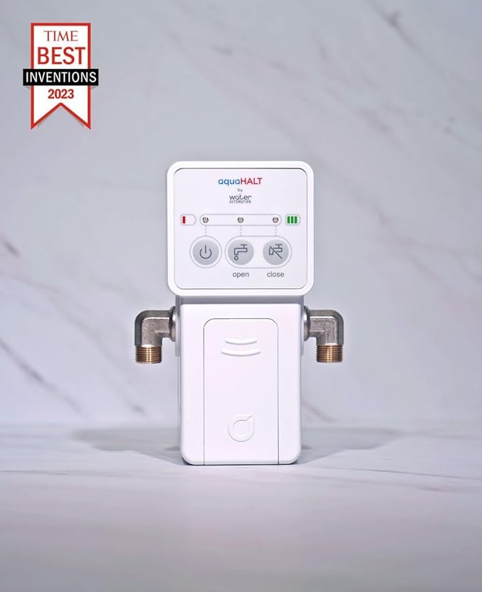 aquaHALT Smart Home Water Toilet Leak Detector Alarm and Automatic Shut Off Valve - Water Sensor Alarm Shut Off Tool - Easy Installation - Battery Operated - Protect Your Home from Water Damage