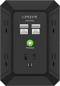 USB Wall Charger, Surge Protector, QINLIANF 5 Outlet Extender with 4 USB Charging Ports (4.8A Total) 3-Sided 1680J Power Strip Multi Plug Outlets Wall Adapter Spaced for Home Travel Office(2U2C),Black