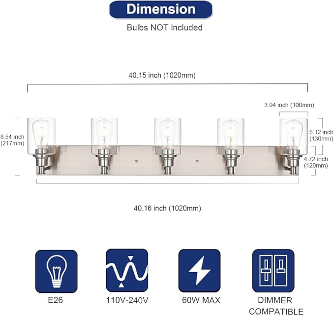 TODOLUZ 5-Light Vanity Light Fixture in Brushed Nickel, Clear Glass Bathroom Light Over Mirror, Modern Wall Sconce Lighting for Living Room